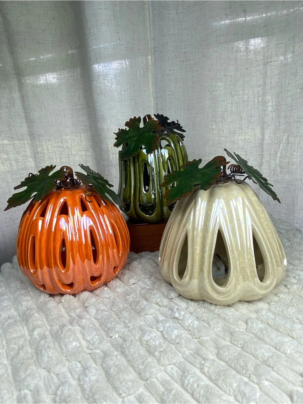 Vintage Iridescent Ceramic Pumpkin Luminary Set 3 Light Up Fall
